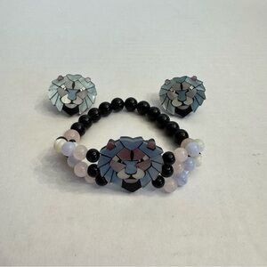 Vintage Lee Sands Lion Mother Of Pearl Micromosaic Bracelet & Stud Earrings SET